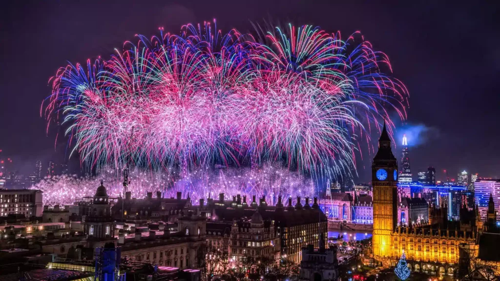 new years eve pink and purple fireworks over London
