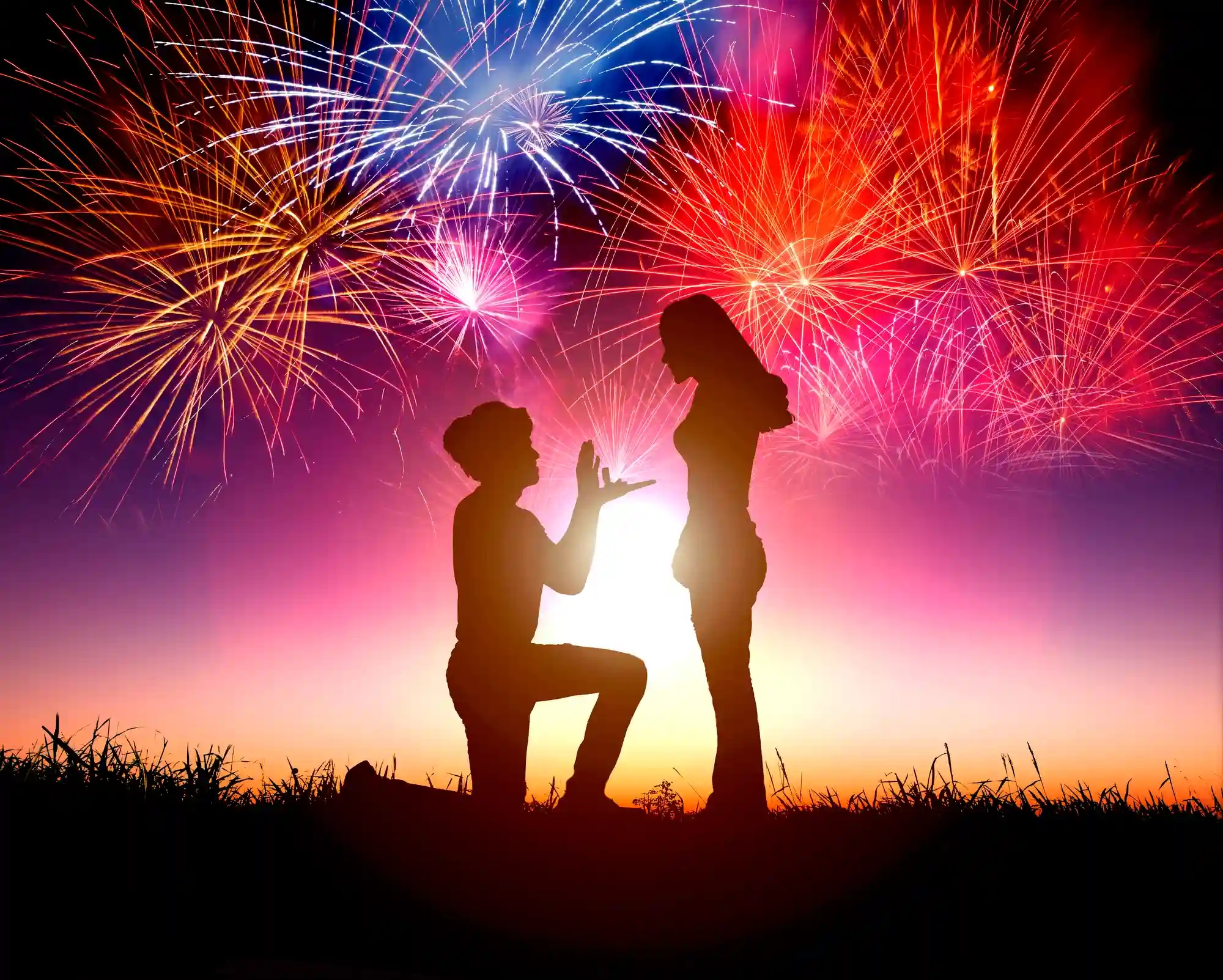 Silhouette of Man proposing to his girlfriend in field with fireworks in background
