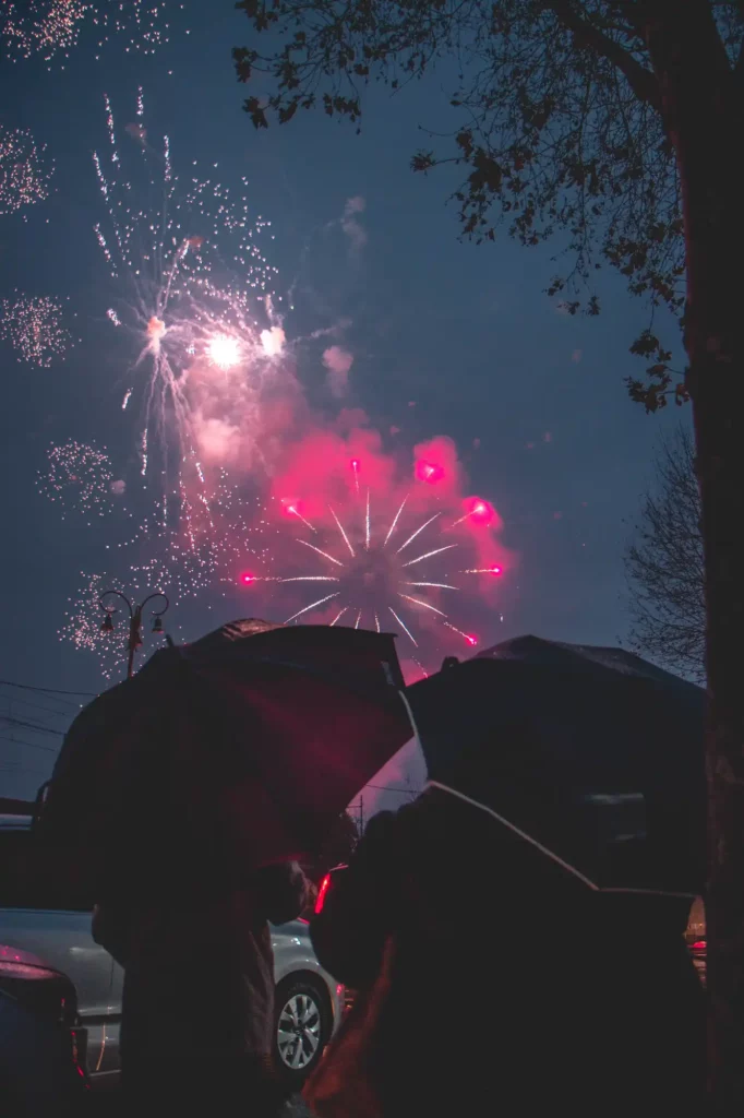 people with umbrella watching fireworks in rain