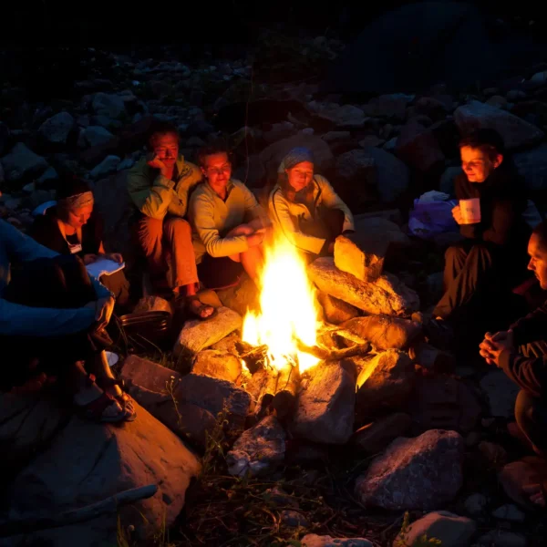 people gathered around bonfire in garden