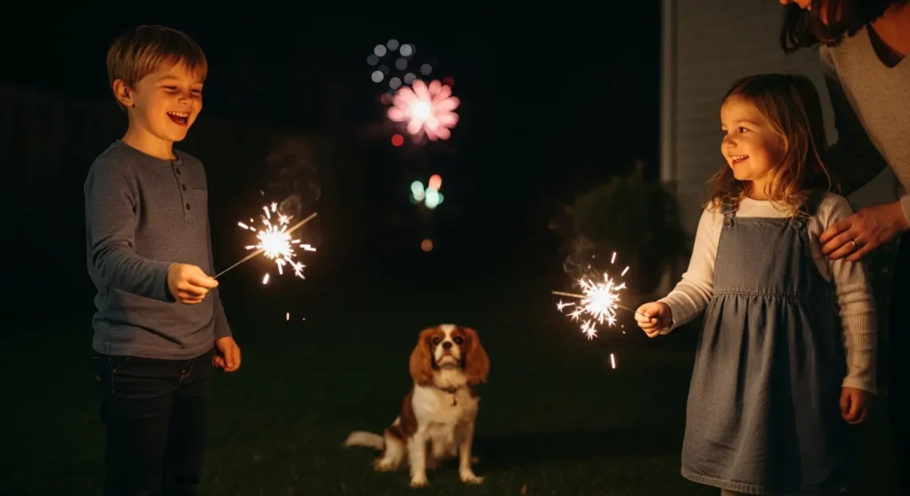 Two happy children holding sparklers in a back garden with a small dog sitting between them and a fireworks in the background.