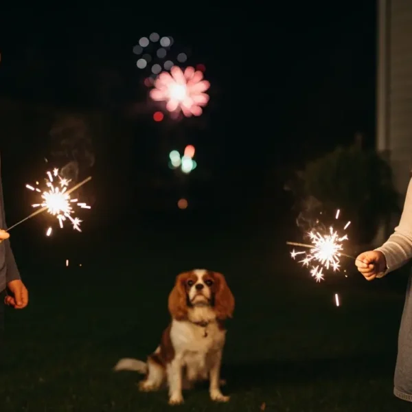 Two happy children holding sparklers in a back garden with a small dog sitting between them and a fireworks in the background.