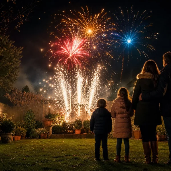family watching fireworks in their garden